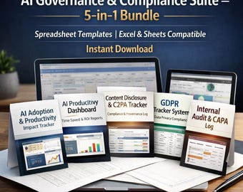 AI Governance & Compliance Bundle 5-in-1 (Excel/Google Sheets) | Roi and Adoption Tracker, GDPR, C2PA Disclosure, Internal Audit and Capa