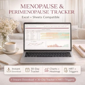 Menopause & Perimenopause Tracker Spreadsheet | HRT Symptom + Trigger Log | 30-Day Charts and Heatmap
