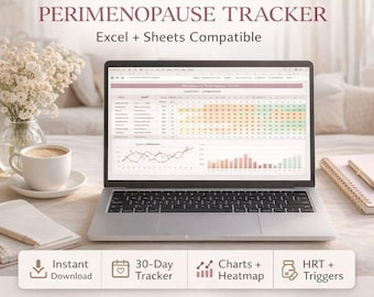 Menopause und Perimenopause Tracker Vorlage | HRT Symptom- & Trigger-Tagebuch | 30-Tage Charts und Heatmap