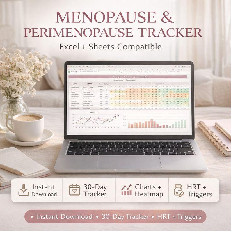 Menopause & Perimenopause Tracker Spreadsheet | HRT Symptom + Trigger Log | 30-Day Charts and Heatmap image 1