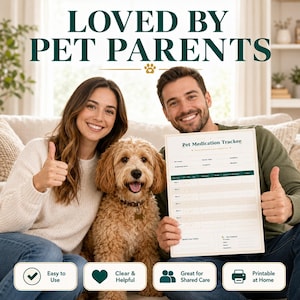 May include: A couple and a dog are smiling and giving a thumbs up. They are holding a "Pet Medication Tracker" with a green and white design. The text "LOVED BY PET PARENTS" is at the top. Below are icons with the text "Easy to Use", "Clear & Helpful", "Great for Shared Care", and "Printable at Home".