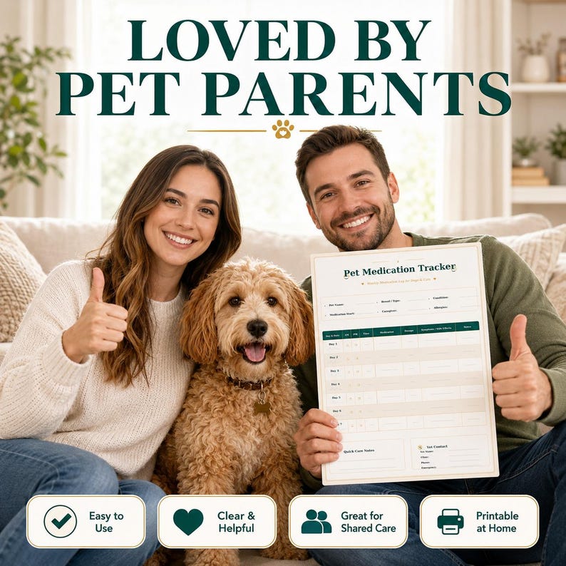 May include: A couple and a dog are smiling and giving a thumbs up. They are holding a "Pet Medication Tracker" with a green and white design. The text "LOVED BY PET PARENTS" is at the top. Below are icons with the text "Easy to Use", "Clear & Helpful", "Great for Shared Care", and "Printable at Home".