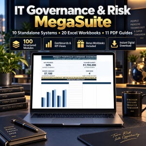 May include: A laptop screen displays a Project Portfolio Command Dashboard with data charts, surrounded by a black mug with text, a notebook with the text Govern Manage Protect Grow, and a desk mat with the text Turn Risk Into Opportunity.