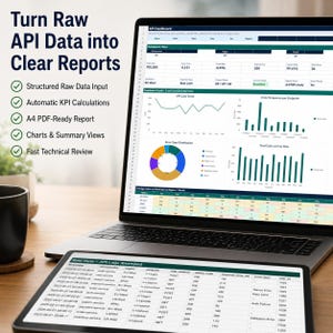 May include: A laptop and tablet displaying an API dashboard with data visualizations, charts, and logs. The text reads: Turn Raw API Data into Clear Reports, Structured Raw Data Input, Automatic KPI Calculations, A4 PDF-Ready Report, Charts & Summary Views, Fast Technical Review.