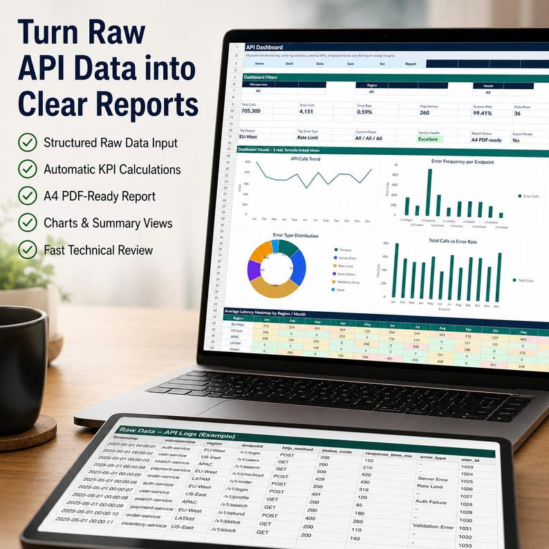 May include: A laptop and tablet displaying an API dashboard with data visualizations, charts, and logs. The text reads: Turn Raw API Data into Clear Reports, Structured Raw Data Input, Automatic KPI Calculations, A4 PDF-Ready Report, Charts & Summary Views, Fast Technical Review.