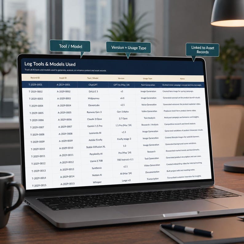 K&ouml;nnte beinhalten: Ein Laptop-Bildschirm zeigt eine Tabelle mit dem Titel Log Tools & Models Used mit Spalten f&uuml;r Record ID, Asset ID, Tool/Model, Version, Usage Type und Notes. Drei dunkelblaue Infoboxen zeigen auf die Tabellen&uuml;berschriften.