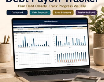 May include: A laptop screen displaying a Debt Payoff Tracker dashboard with financial charts, bar graphs, and data tables. The screen shows text including Debt Payoff Dashboard, Total Starting Debt, and Current Debt with numerical values.