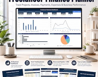 Plantilla de Excel para planificador financiero de autónomos | Ingresos, facturas, gastos, panel de control, CRM de clientes y compatible con Google Sheets.