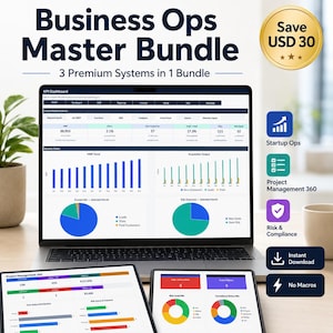 May include: A laptop, tablet, and smartphone display business data dashboards. The laptop screen shows a KPI dashboard with charts and graphs. The text reads "Business Ops Master Bundle" and "3 Premium Systems in 1 Bundle."
