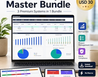 Puede incluir: Un ordenador portátil, una tableta y un smartphone muestran paneles de datos empresariales. La pantalla del portátil muestra un panel de KPI con gráficos. El texto dice "Business Ops Master Bundle" y "3 Premium Systems in 1 Bundle."