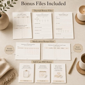 Puede incluir: Una colecci&oacute;n de documentos imprimibles de seguimiento de bienestar y salud que incluye un 7-Day Mini Tracker, Symptom & Mood Journal, Weekly Wellness Log, Medication Weekly Reminder, Medication & Supplement Stock Tracker y un 30-Day Micro Self-Care Tracker.