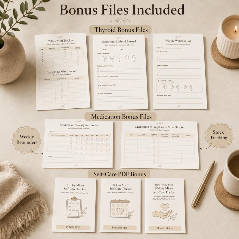 Puede incluir: Una colecci&oacute;n de documentos imprimibles de seguimiento de bienestar y salud que incluye un 7-Day Mini Tracker, Symptom & Mood Journal, Weekly Wellness Log, Medication Weekly Reminder, Medication & Supplement Stock Tracker y un 30-Day Micro Self-Care Tracker.