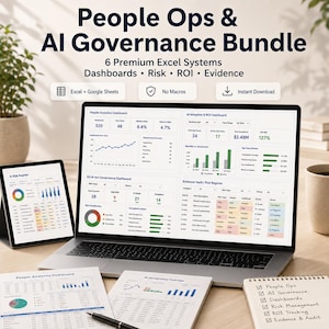Op de afbeelding: Een laptop, tablet en afgedrukte documenten tonen datavisualisaties van de "People Ops & AI Governance Bundle". De afbeelding bevat de tekst "6 Premium Excel Systems" en "Dashboards • Risk • ROI • Evidence."