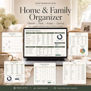 May include: A laptop displaying a "Home & Family Organizer" spreadsheet, surrounded by printed calendar, budget, and meal planning sheets. The image includes text: "Calendar, Meals, Budget, Cleaning". The bundle includes editable .xlsx files and is Google Sheets compatible.