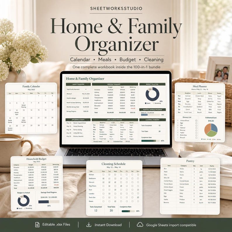 May include: A laptop displaying a "Home & Family Organizer" spreadsheet, surrounded by printed calendar, budget, and meal planning sheets. The image includes text: "Calendar, Meals, Budget, Cleaning". The bundle includes editable .xlsx files and is Google Sheets compatible.