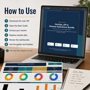 May include: A laptop displaying a DevOps, API & Release Operations Bundle guide, alongside a printed dashboard showing colorful pie charts and bar graphs, and a notepad with a handwritten First Steps checklist on a wooden desk surface.