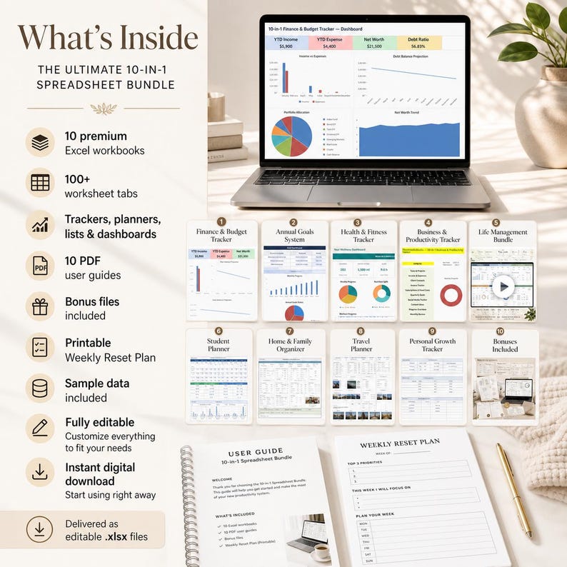 May include: A laptop displays a finance dashboard, surrounded by printed spreadsheets and a user guide. The image showcases a 10-in-1 spreadsheet bundle with trackers, planners, and printable weekly reset plans. The text reads "What's Inside: The Ultimate 10-in-1 Spreadsheet Bundle."