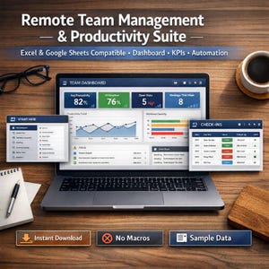 May include: A laptop screen showing a "Team Dashboard" with productivity data, charts, and metrics. The display shows "Avg Productivity" at 82% and "Utilization" at 76%. The image also includes the text "Remote Team Management & Productivity Suite."