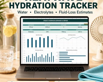 May include: A digital Heatwave Hydration Tracker displayed on a laptop screen, featuring charts for water intake, electrolytes, and fluid-loss estimates. The interface includes weekly summaries, bar graphs, and line charts. Includes 3 XLSX workbooks and 1 PDF guide.