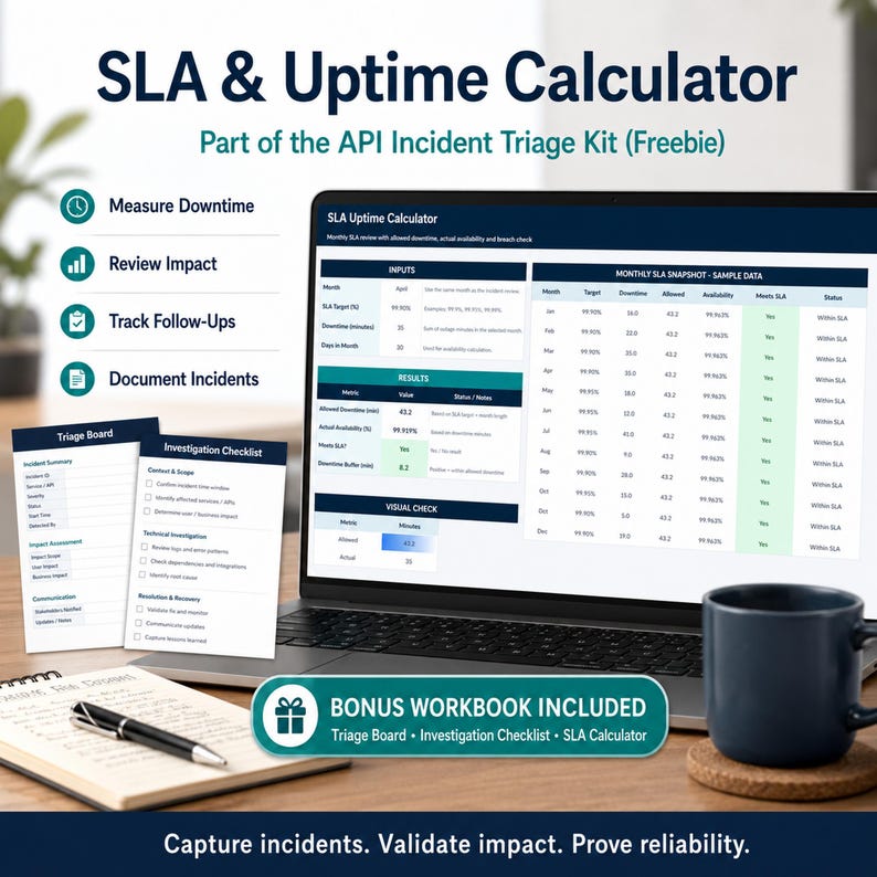 DevOps & API Operations Excel Bundle | Cloud Tracker, API Dashboard, Incident Triage, SLA Uptime, Error Log Analytics imagem 13