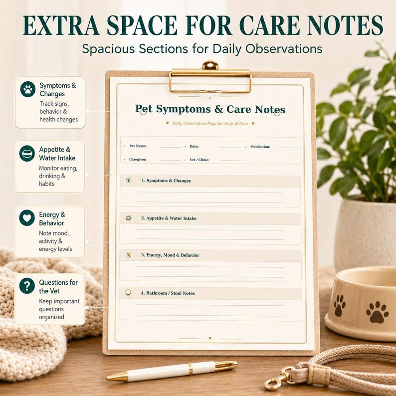 May include: A clipboard with a pet care notes form, a pen, and a dog bowl. The form includes sections for symptoms, appetite, behavior, and vet questions. The text on the form reads "Pet Symptoms & Care Notes".