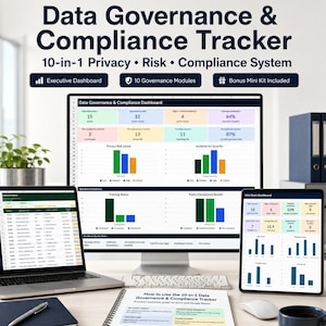 Puede incluir: Un monitor de computadora, una computadora portátil y una tableta muestran un panel de control de gobernanza y cumplimiento de datos. El texto en la pantalla incluye "Data Governance & Compliance Tracker" y "10-in-1 Privacy Risk Compliance System". Se ven gráficos.
