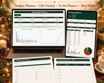 May include: A 4-in-1 Christmas Planner Bundle featuring a laptop and tablet displaying a Holiday Budget Dashboard and Gift Tracker Dashboard, alongside two printed sheets for a Christmas Daily To-Do list and a Weekly Christmas Meal Planner.