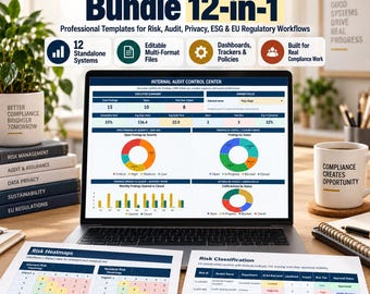 May include: A laptop displaying an Internal Audit Control Center dashboard with charts and tables, accompanied by two printed risk assessment documents. The screen shows data on findings, status, and actions, while the text reads EU Compliance & GRC Bundle 12-in-1.