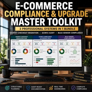 May include: A computer monitor displays a dashboard with data visualizations and the text "E-COMMERCE COMPLIANCE & UPGRADE MASTER TOOLKIT." The screen shows charts, graphs, and numerical data. A keyboard, mouse, and coffee mug are in the foreground. Books with the titles "PLAN SMARTER," "TRACK FASTER," and "LAUNCH CONFIDENTLY" are stacked on the desk.