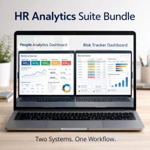 May include: A laptop screen showing two dashboards: "People Analytics Dashboard" and "Risk Tracker Dashboard." The displays feature data visualizations, charts, and graphs. The text "HR Analytics Suite Bundle" and "Two Systems. One Workflow." are also visible.