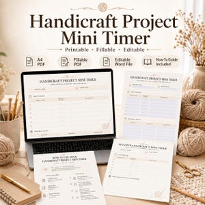 Könnte beinhalten: Ein Laptop zeigt eine Vorlage für den "Handicraft Project Mini Timer", mit zusätzlichen druckbaren und ausfüllbaren PDF-Blättern. Das Bild enthält ein Notizbuch, einen Stift und Garn, was auf ein Bastelprojekt hindeutet.
