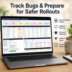 May include: A laptop screen displaying a Feature Release Tracker and Rollout Planner dashboard with tables for bug tracking, rollback planning, and drilldown views, alongside text icons for bug tracking, rollback, recovery, and status logic.