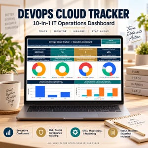 May include: A laptop displaying the DevOps Cloud Tracker 10-in-1 IT Operations Dashboard. The screen shows data visualisations including pie charts, bar graphs, and metrics for cloud spend, risk exposure, vulnerabilities, and compliance coverage.