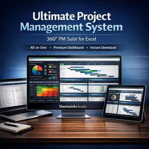 Puede incluir: Un ordenador de sobremesa, un portátil y una tableta muestran una interfaz de sistema de gestión de proyectos. La pantalla muestra gráficos y cronogramas de proyectos. El texto "Ultimate Project Management System" y "Sheetworks Studio" son visibles.