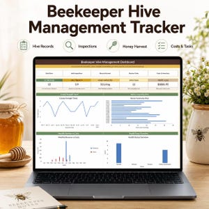 May include: A laptop displaying a Beekeeper Hive Management Tracker dashboard with data charts, tables, and metrics. The screen shows colony strength trends, honey harvest statistics in kg, revenue versus costs, and health status overview graphs.