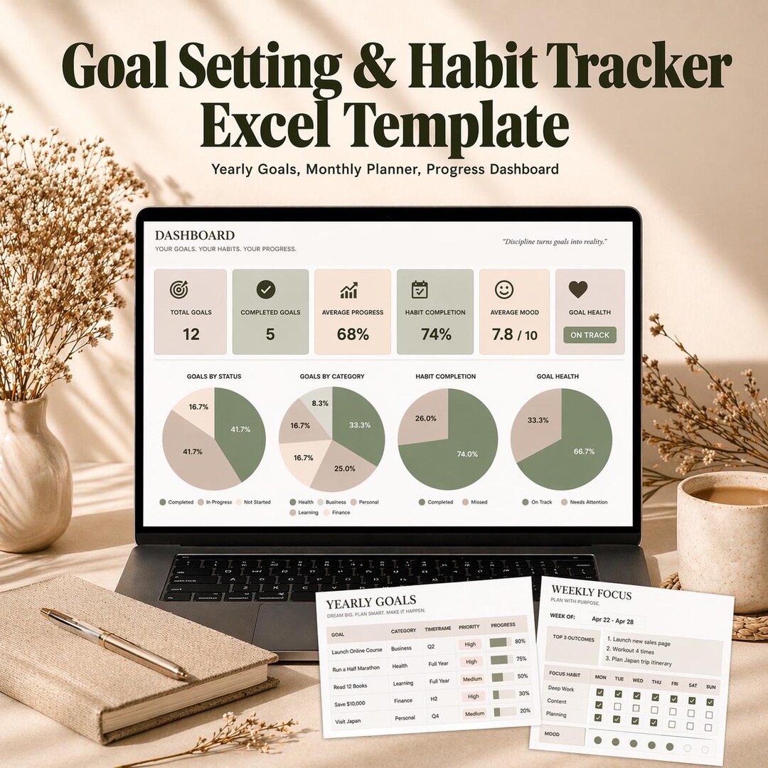 Goal Setting & Habit Tracker Excel Template | Yearly Goals, Monthly ...