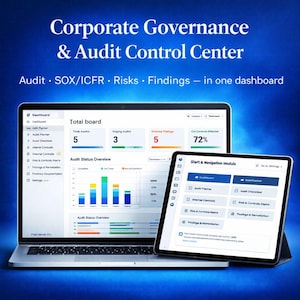 Könnte beinhalten: Ein Laptop und ein Tablet zeigen eine Dashboard-Oberfläche mit Datenvisualisierungen und Navigationsmenüs. Der Bildschirm zeigt den Text "Corporate Governance & Audit Control Center" und "Audit, SOX/ICFR, Risiken, Ergebnisse - in einem Dashboard."