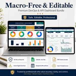 Pode incluir: Um pacote digital de pain&eacute;is DevOps e API com um laptop e um tablet exibindo gr&aacute;ficos de dados. O texto inclui Macro-Free & Editable, Premium DevOps & API Dashboard Bundle, Safe. Editable. Professional. e mais.
