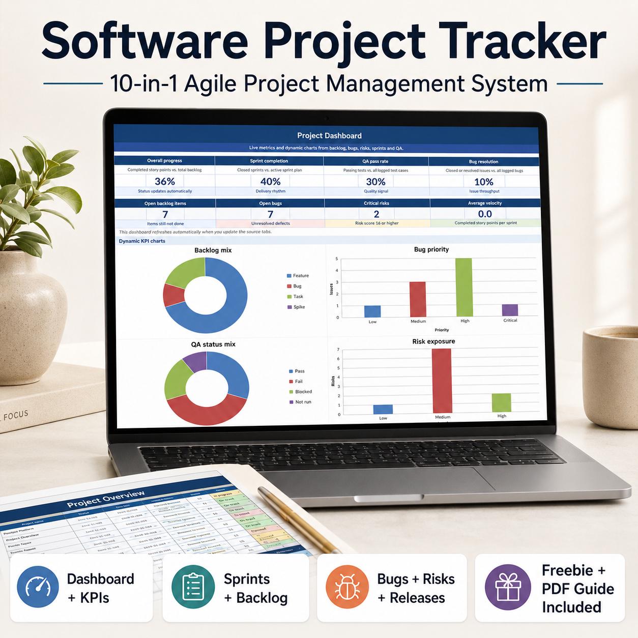 Software Project Tracker Excel Template Agile Project Management Dashboard Sprint Backlog Bug Risk Release Planner 10in1 Tech PM Tool
