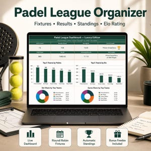 Könnte beinhalten: Ein Laptop-Bildschirm zeigt ein Padel League Organizer Dashboard mit dunkelgrünen Kopfzeilen, Balkendiagrammen und Tortendiagrammen, die Teamstatistiken, Elo-Bewertungen und Spielergebnisse sowie vier Symbole für Dashboard, Spielpläne und Tabellen.