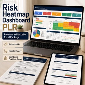 Puede incluir: Un portátil, una tableta y documentos impresos que muestran un panel de control de mapa de calor de riesgos. La pantalla del portátil muestra una visualización de datos con gráficos. El texto incluye "Risk Heatmap Dashboard PLR" y "Premium White Label Excel Package".