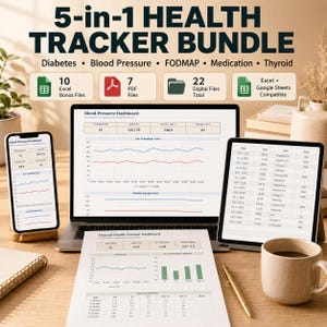 May include: A 5-in-1 health tracker bundle featuring digital dashboards for diabetes, blood pressure, FODMAP, medication, and thyroid management. The display shows Excel and PDF files on a laptop, tablet, and smartphone, with charts and data logs.