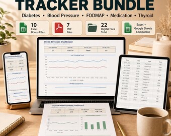 May include: A 5-in-1 health tracker bundle featuring digital dashboards for diabetes, blood pressure, FODMAP, medication, and thyroid management. The display shows Excel and PDF files on a laptop, tablet, and smartphone, with charts and data logs.