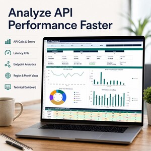May include: A laptop screen displaying an API dashboard with data visualizations including line graphs, bar charts, and a pie chart. The text reads Analyze API Performance Faster, API Calls & Errors, Latency KPIs, Endpoint Analytics, Region & Month Views, and Technical Dashboard.