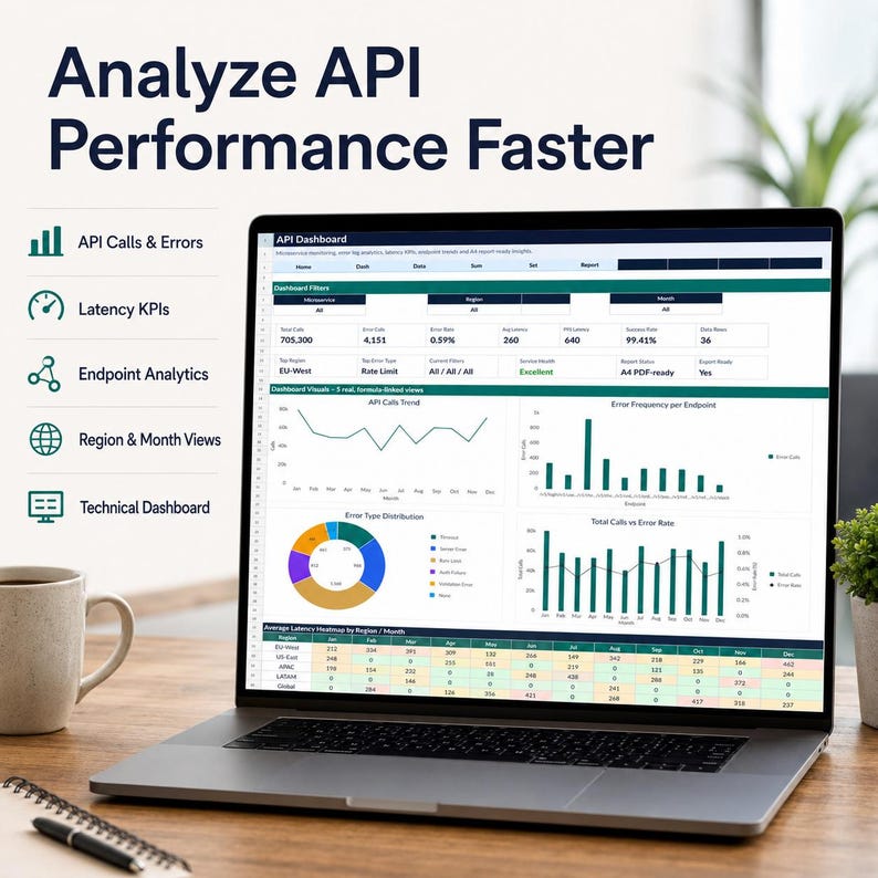May include: A laptop screen displaying an API dashboard with data visualizations including line graphs, bar charts, and a pie chart. The text reads Analyze API Performance Faster, API Calls & Errors, Latency KPIs, Endpoint Analytics, Region & Month Views, and Technical Dashboard.
