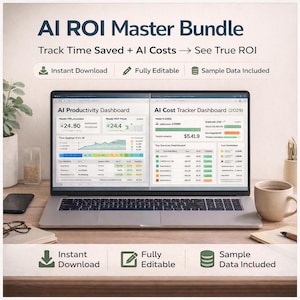 KI-ROI-Dashboard-Paket Excel Google Tabellen  | KI Produktivität Tracker & Kostenübersicht | Kpi Reports, Roi Analyse, Business Vorlage