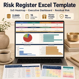 Risk Register Excel Template | 5x5 Risk Matrix, Dashboard, Residual Risk & Controls