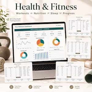May include: A laptop displaying a health and fitness dashboard with charts and graphs. The screen shows data for workouts, nutrition, sleep, and progress. Text at the top reads "Health & Fitness". Additional charts show workout, nutrition, sleep, and weight tracking logs. A kettlebell and towel are in the background.