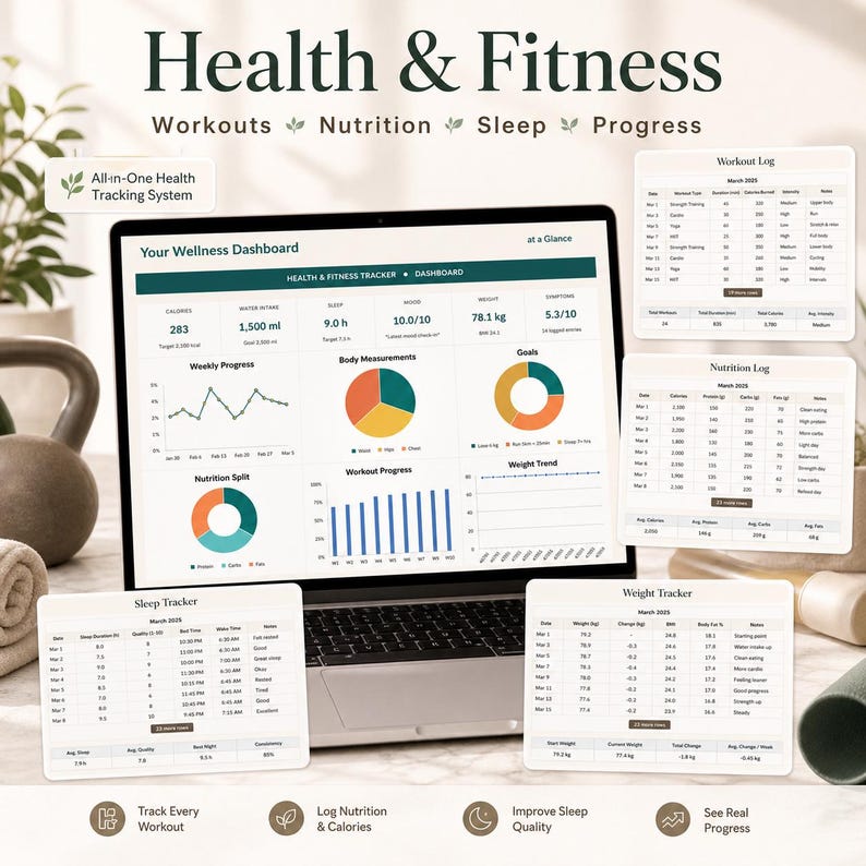 May include: A laptop displaying a health and fitness dashboard with charts and graphs. The screen shows data for workouts, nutrition, sleep, and progress. Text at the top reads "Health & Fitness". Additional charts show workout, nutrition, sleep, and weight tracking logs. A kettlebell and towel are in the background.