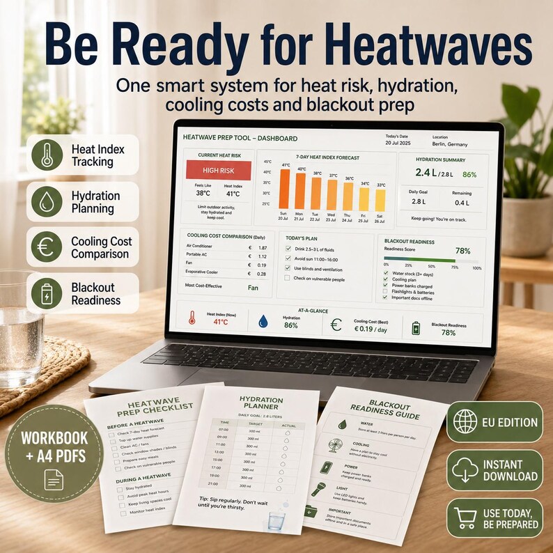 May include: A laptop displays a heatwave prep dashboard with temperature readings and a 7-day forecast. Accompanying documents include a checklist, hydration planner, and blackout readiness guide. The image promotes a system for heat risk, hydration, and blackout preparation.